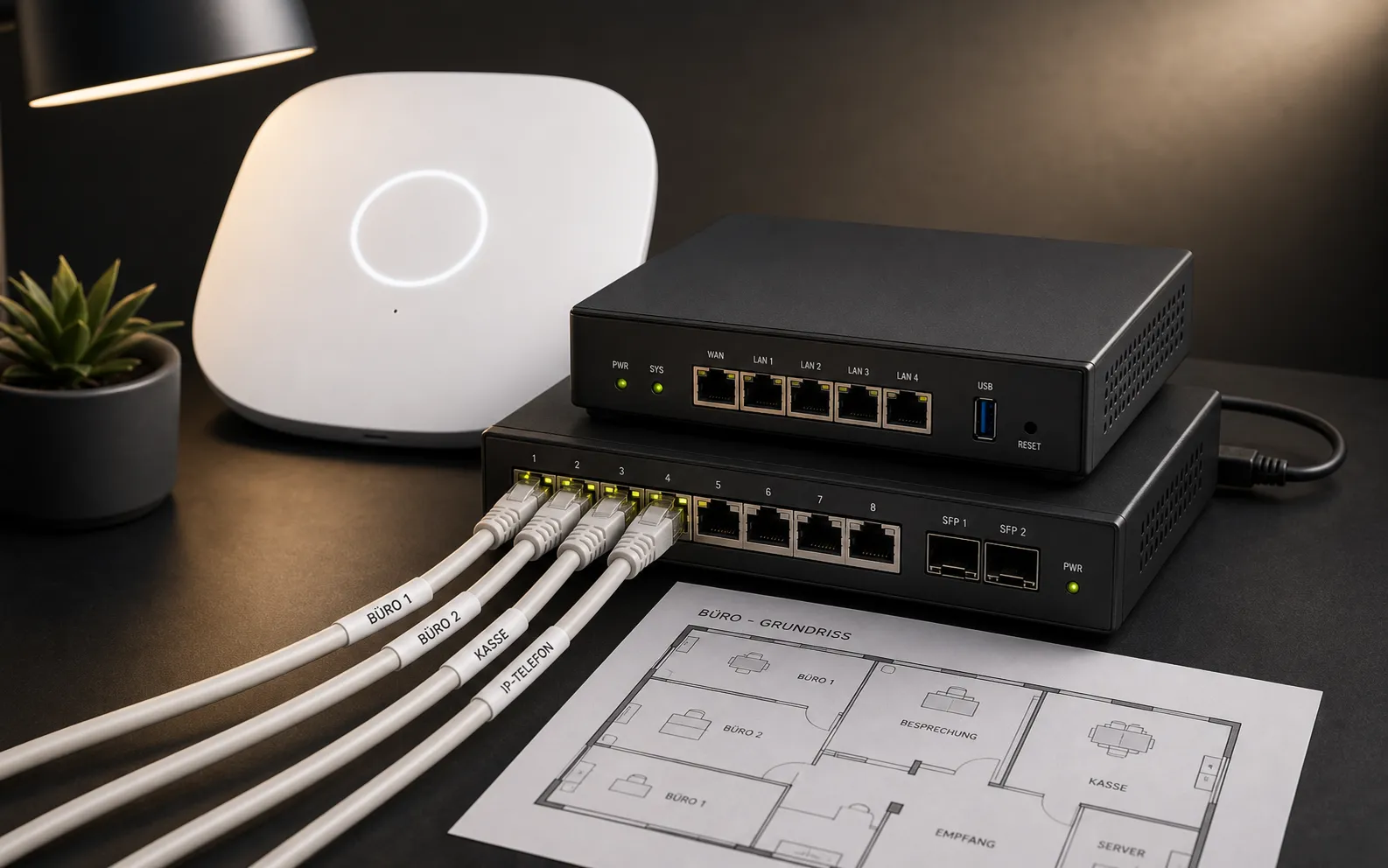 Netzwerkgeräte, Firewall, Switch und Access Point für ein kleines Berliner Büro