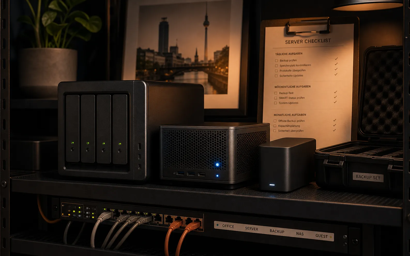 NAS, Mini-Server und Backup-Laufwerke in einem kleinen Serverregal