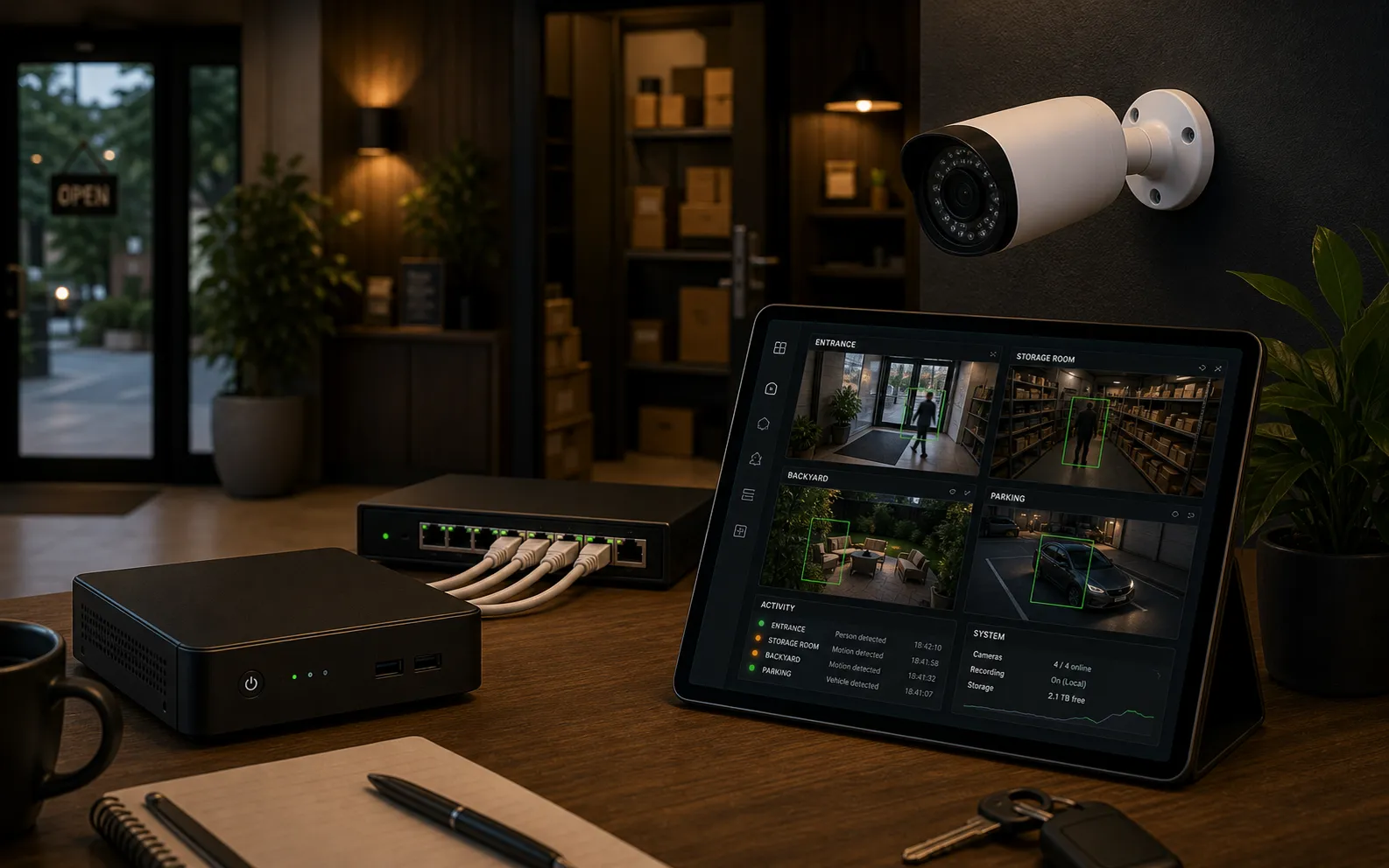 PoE-Kamera, lokaler Recorder und Tablet mit Kameraübersicht für Smart Security