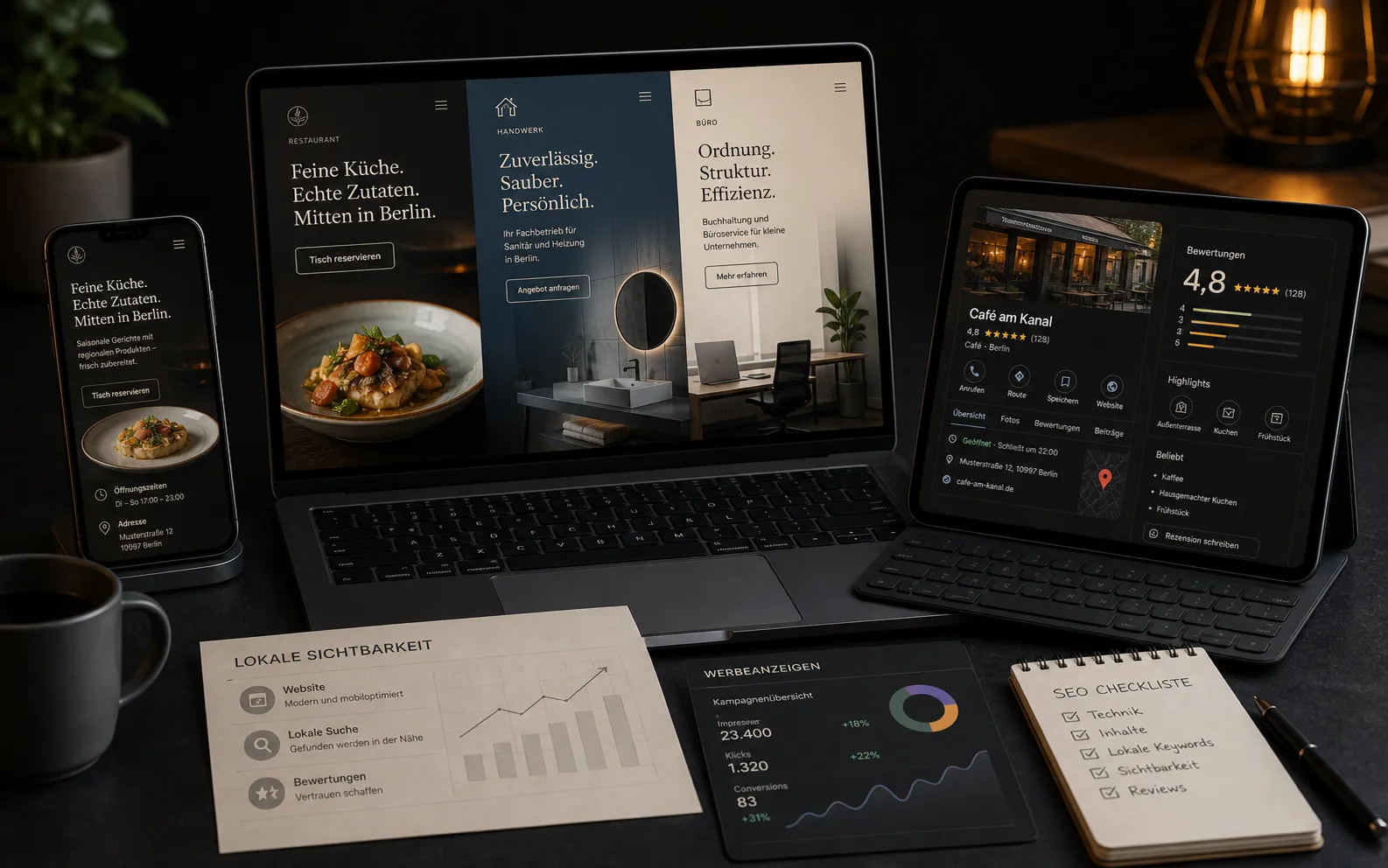 Laptop, Smartphone und Tablet mit Website und lokaler Suchmaschinenoptimierung